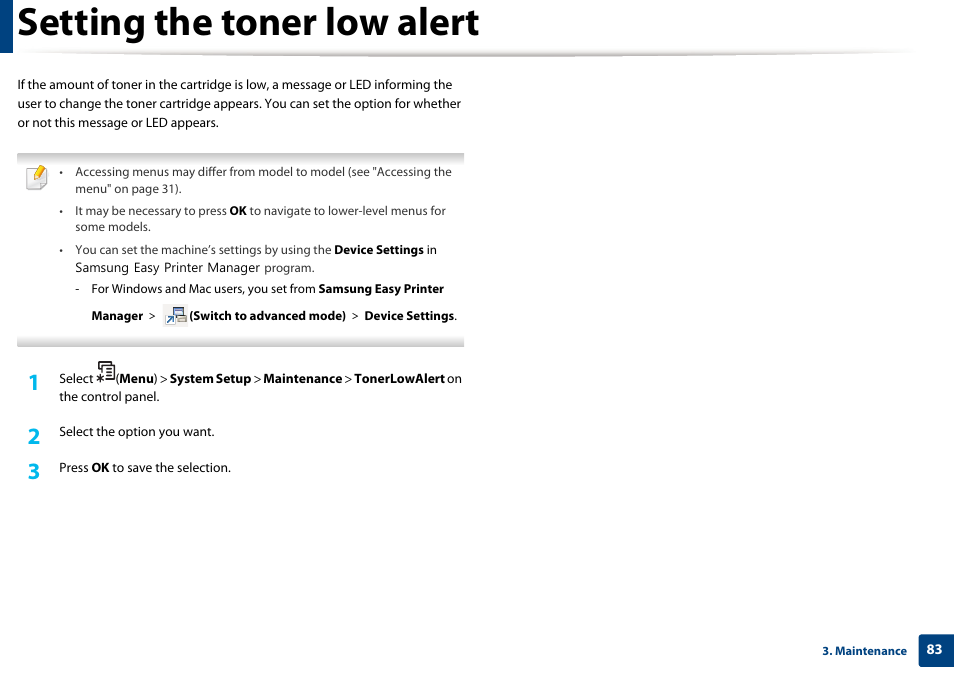 Setting the toner low alert | Samsung SL-M2875FD-XAA User Manual | Page 83 / 324