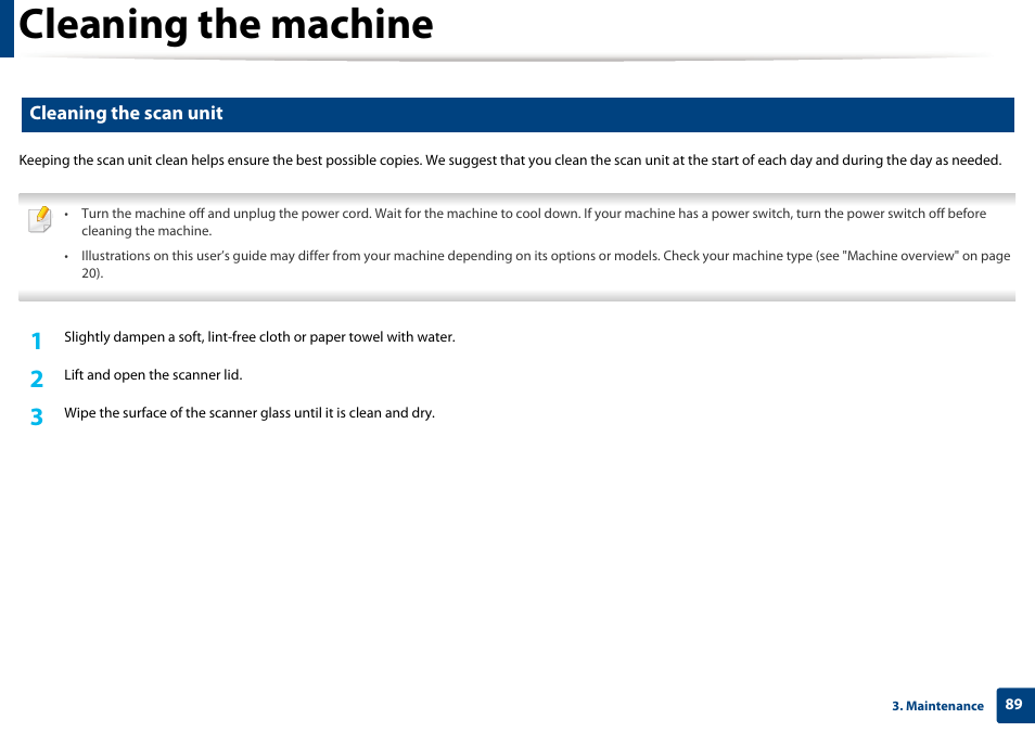 Cleaning the machine, Cleaning the scan unit | Samsung SL-M2875FD-XAA User Manual | Page 89 / 324