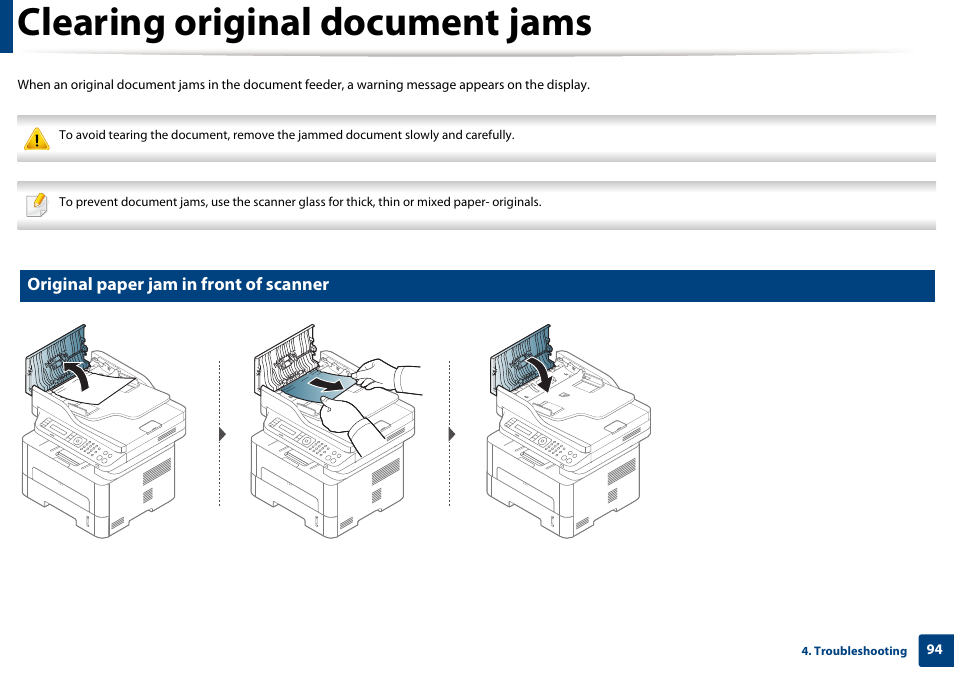 Clearing original document jams, Original paper jam in front of scanner | Samsung SL-M2875FD-XAA User Manual | Page 94 / 324