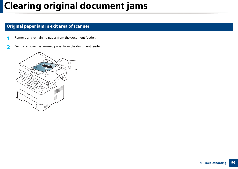 Clearing original document jams | Samsung SL-M2875FD-XAA User Manual | Page 96 / 324