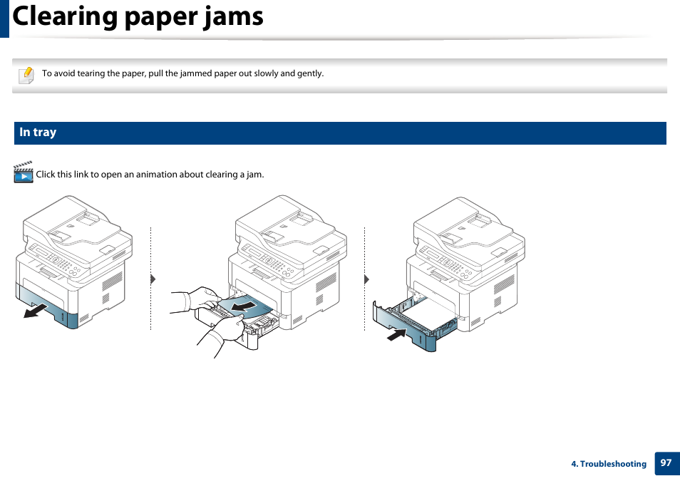 Clearing paper jams | Samsung SL-M2875FD-XAA User Manual | Page 97 / 324