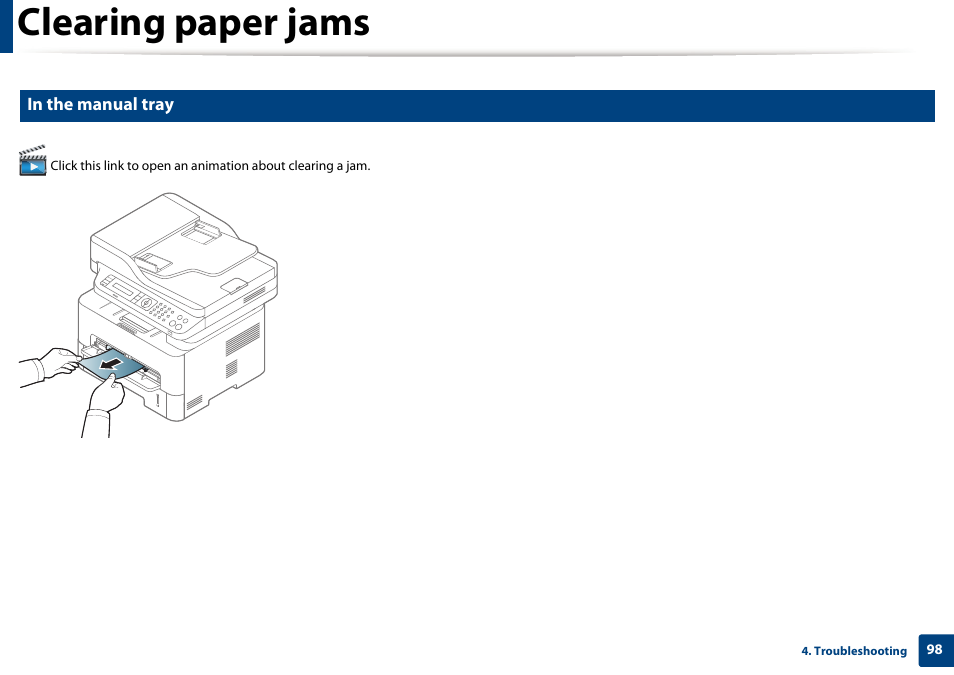 Clearing paper jams | Samsung SL-M2875FD-XAA User Manual | Page 98 / 324