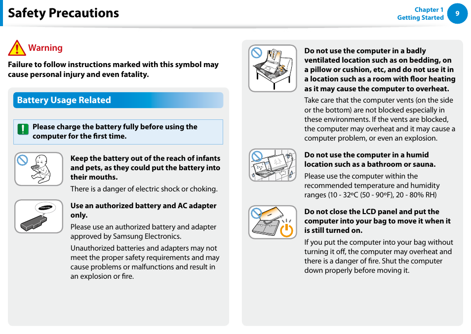 Safety precautions, Battery usage related, Warning | Samsung NP540U4E-K01US User Manual | Page 10 / 147