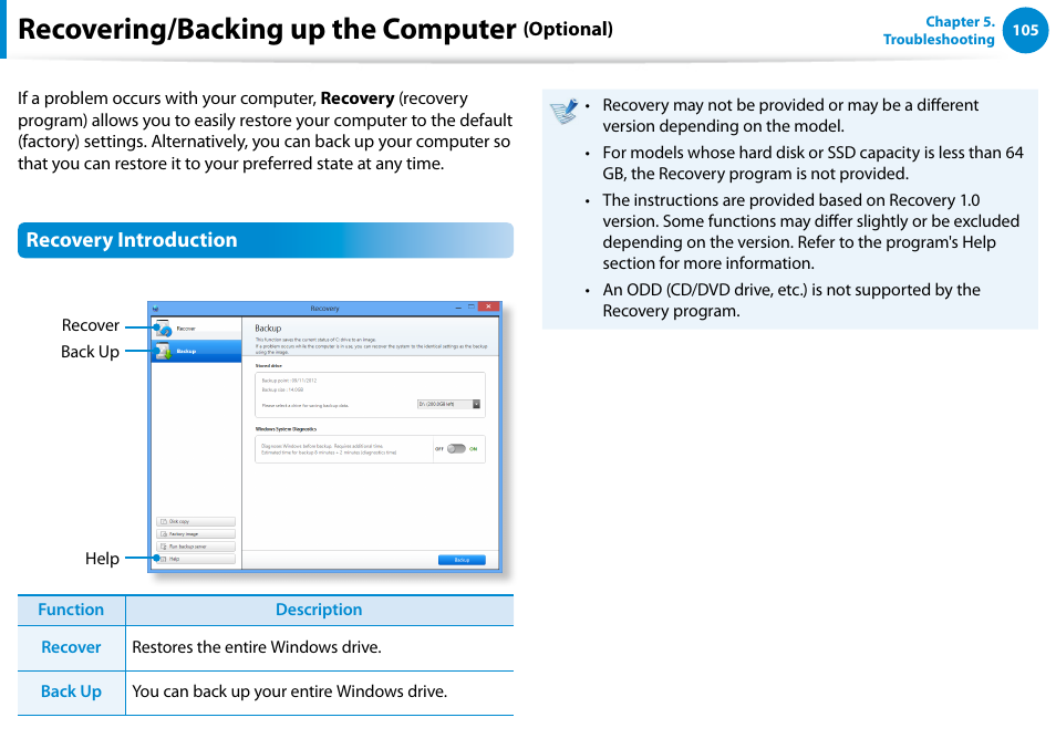 Recovering/backing up the computer (optional), Recovering/backing up the computer (optional) 105, Recovering/backing up the computer | Samsung NP540U4E-K01US User Manual | Page 106 / 147