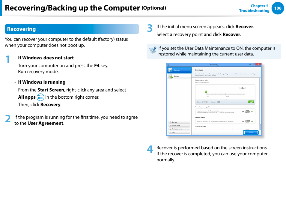 Recovering/backing up the computer | Samsung NP540U4E-K01US User Manual | Page 107 / 147