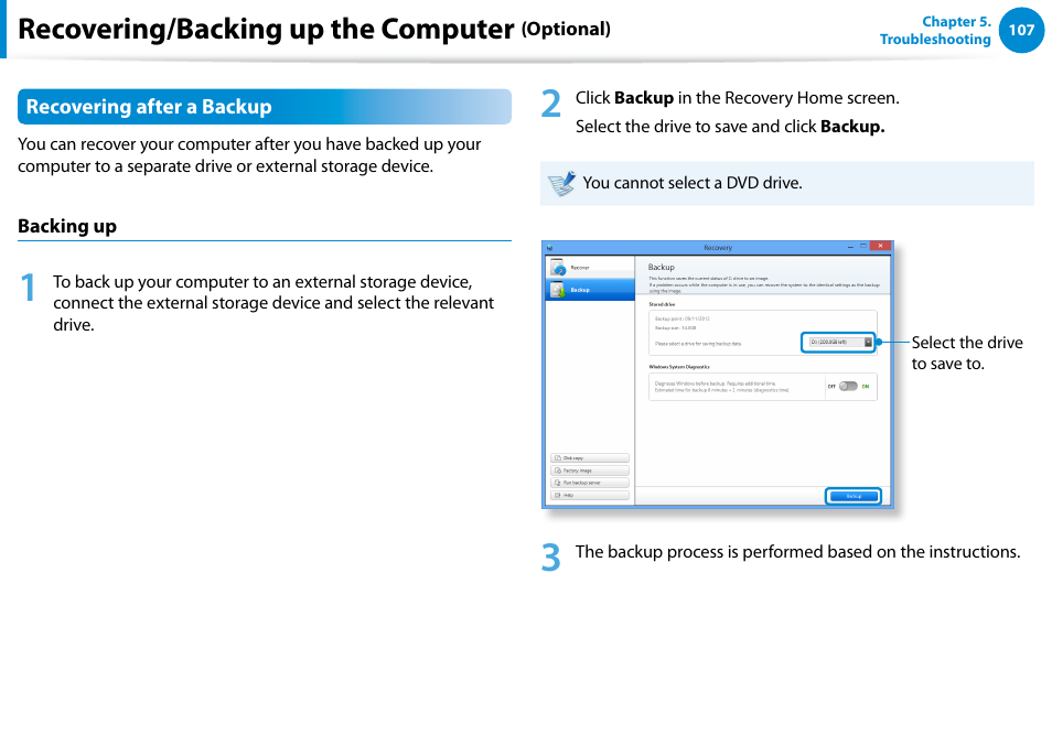 Recovering/backing up the computer | Samsung NP540U4E-K01US User Manual | Page 108 / 147