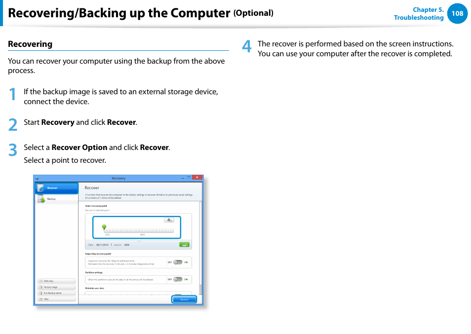 Recovering/backing up the computer | Samsung NP540U4E-K01US User Manual | Page 109 / 147