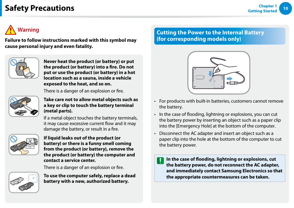 Safety precautions | Samsung NP540U4E-K01US User Manual | Page 11 / 147