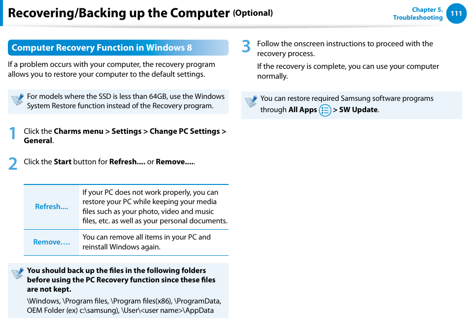 Recovering/backing up the computer | Samsung NP540U4E-K01US User Manual | Page 112 / 147