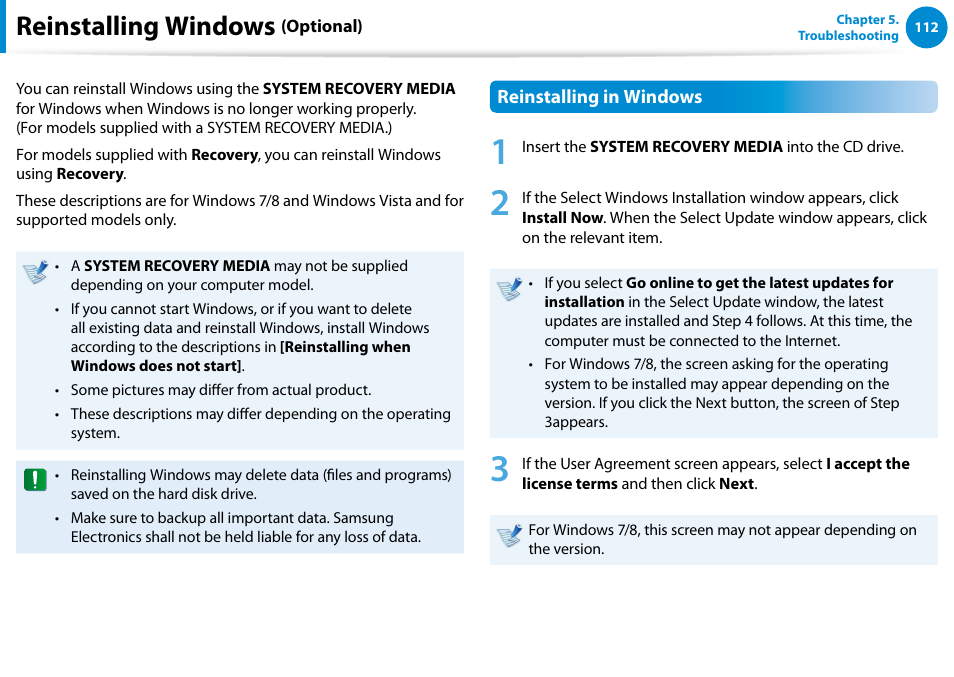 Reinstalling windows (optional), Reinstalling windows | Samsung NP540U4E-K01US User Manual | Page 113 / 147