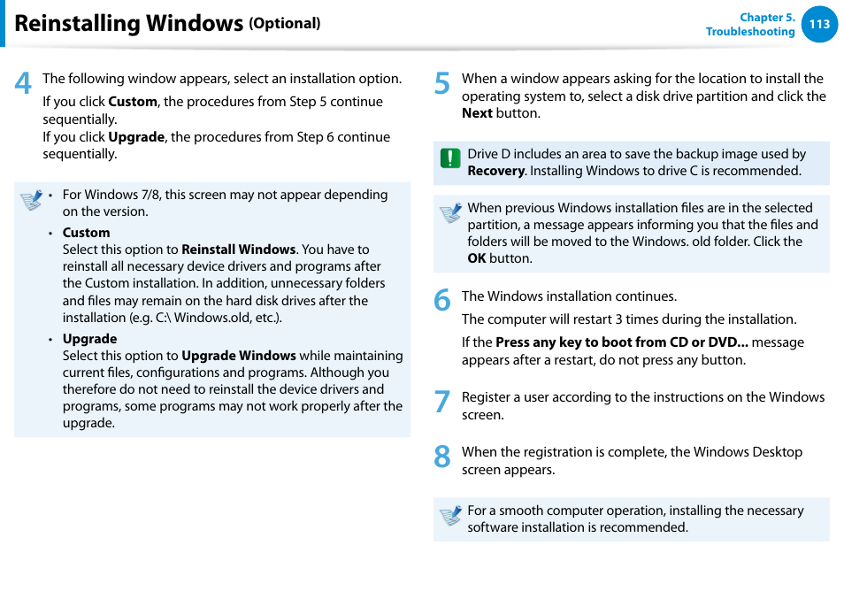 Reinstalling windows | Samsung NP540U4E-K01US User Manual | Page 114 / 147