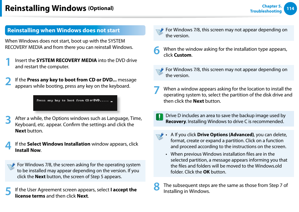 Reinstalling windows | Samsung NP540U4E-K01US User Manual | Page 115 / 147