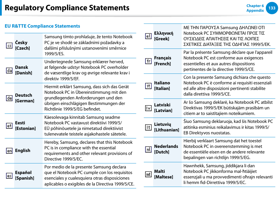 Regulatory compliance statements | Samsung NP540U4E-K01US User Manual | Page 134 / 147