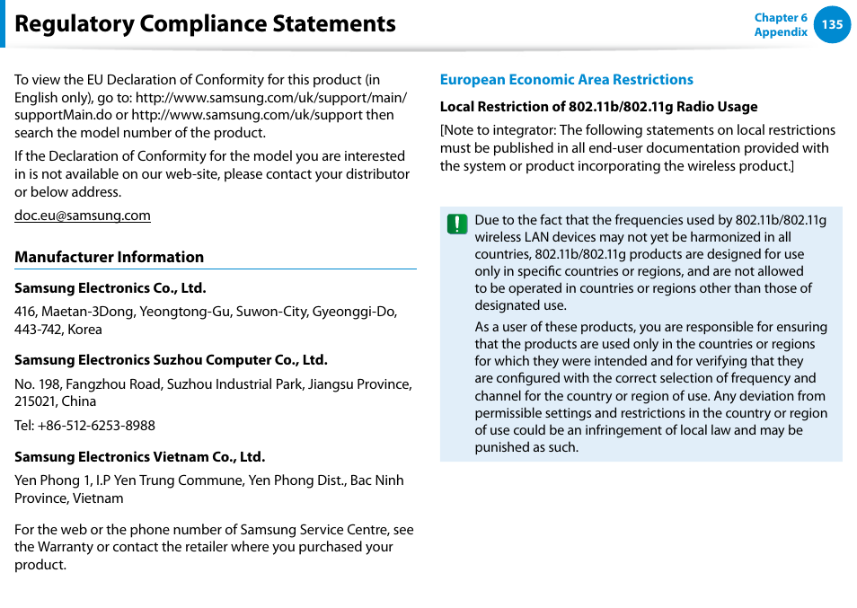 Regulatory compliance statements | Samsung NP540U4E-K01US User Manual | Page 136 / 147