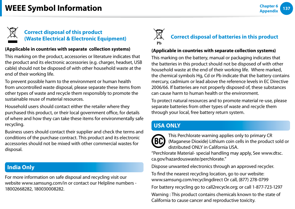 Weee symbol information, India only, Usa only | Samsung NP540U4E-K01US User Manual | Page 138 / 147