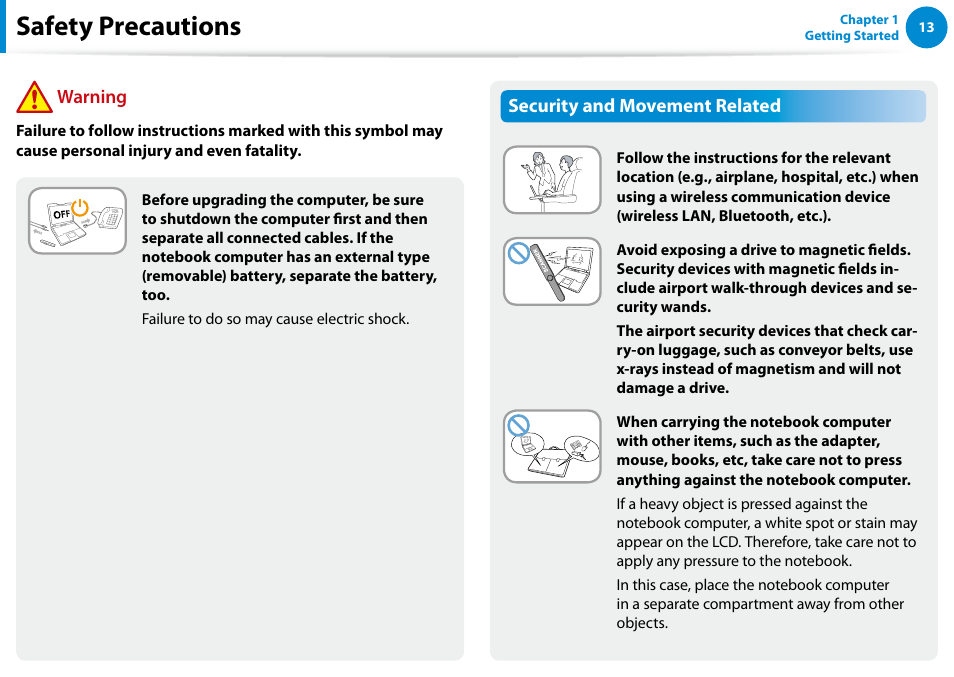 Safety precautions, Security and movement related, Warning | Samsung NP540U4E-K01US User Manual | Page 14 / 147