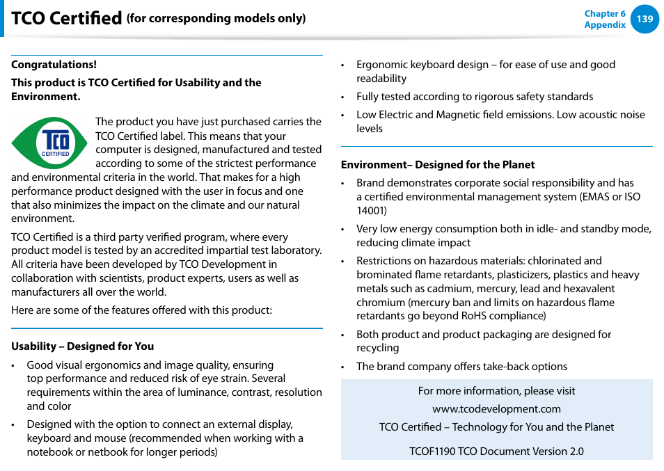 Tco certified (for corresponding models only), Tco certified, Félicitations | Samsung NP540U4E-K01US User Manual | Page 140 / 147