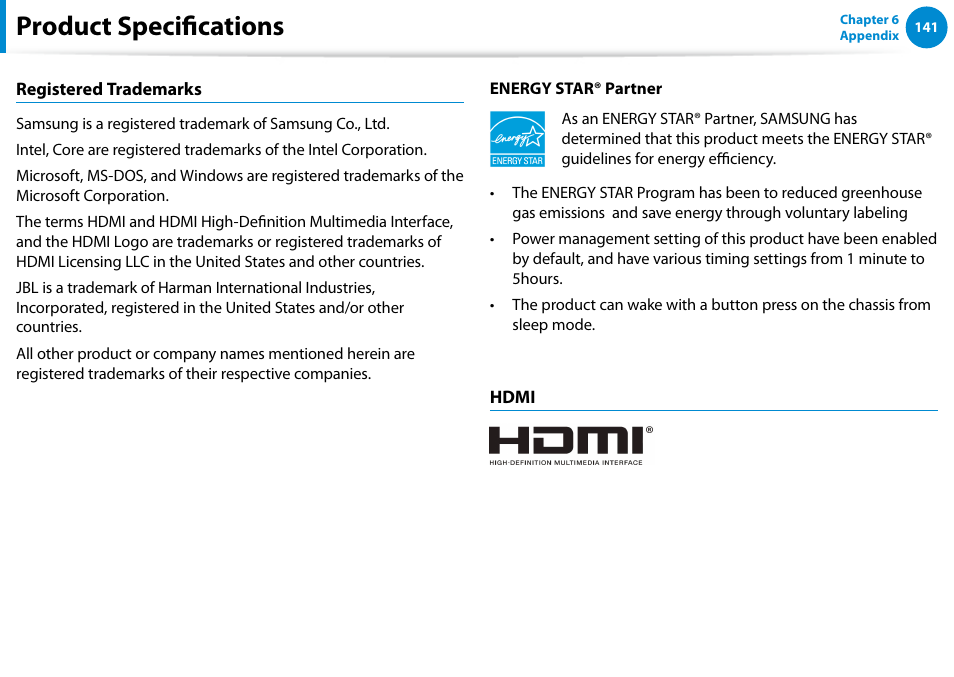 Product specifications | Samsung NP540U4E-K01US User Manual | Page 142 / 147