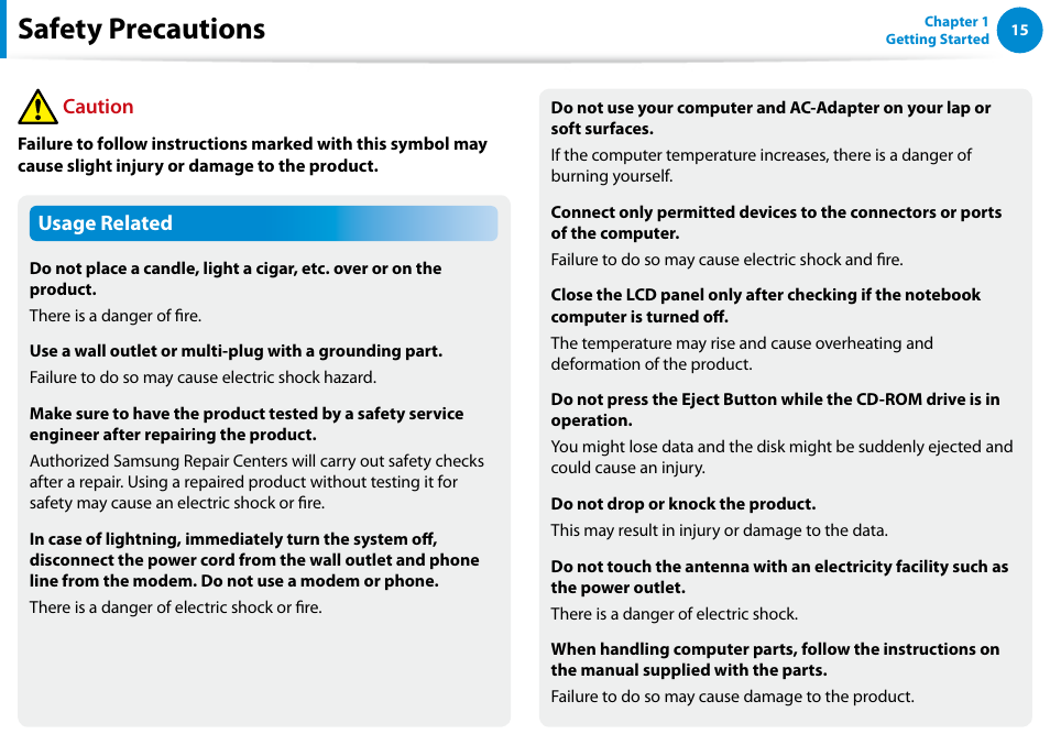Safety precautions, Usage related, Caution | Samsung NP540U4E-K01US User Manual | Page 16 / 147