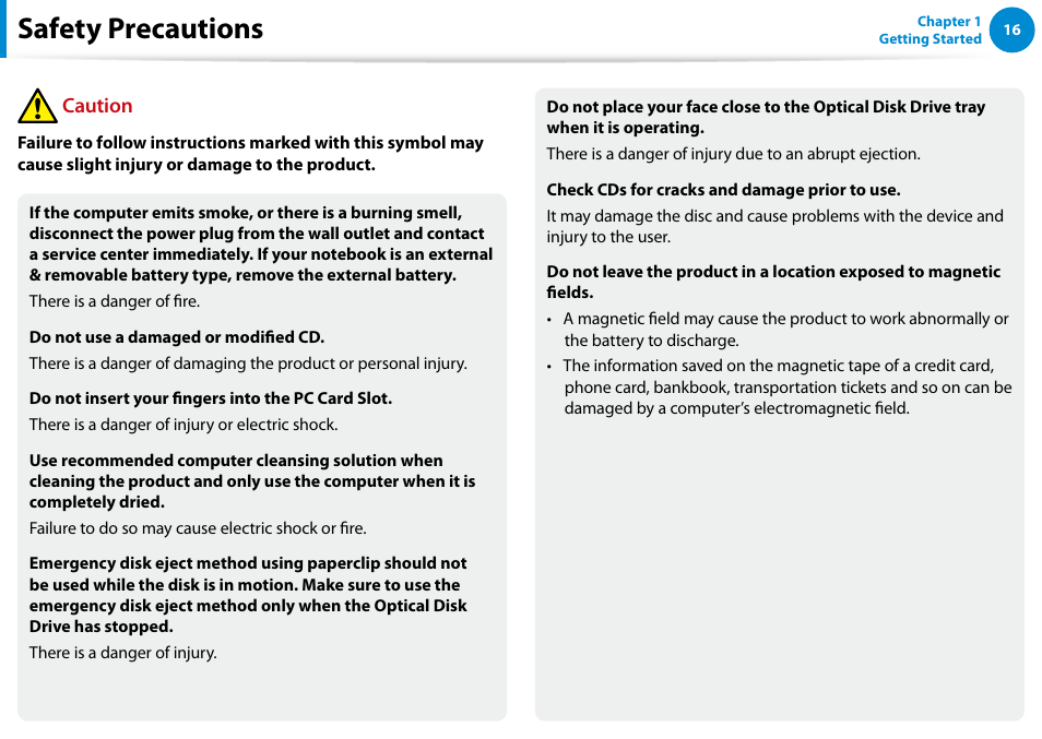 Safety precautions, Caution | Samsung NP540U4E-K01US User Manual | Page 17 / 147