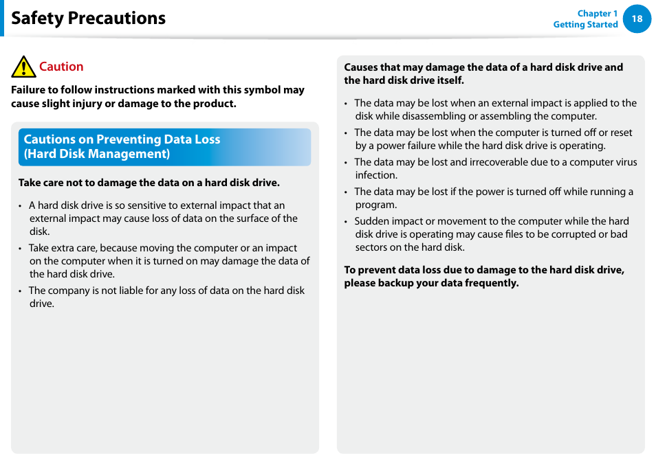 Safety precautions, Caution | Samsung NP540U4E-K01US User Manual | Page 19 / 147