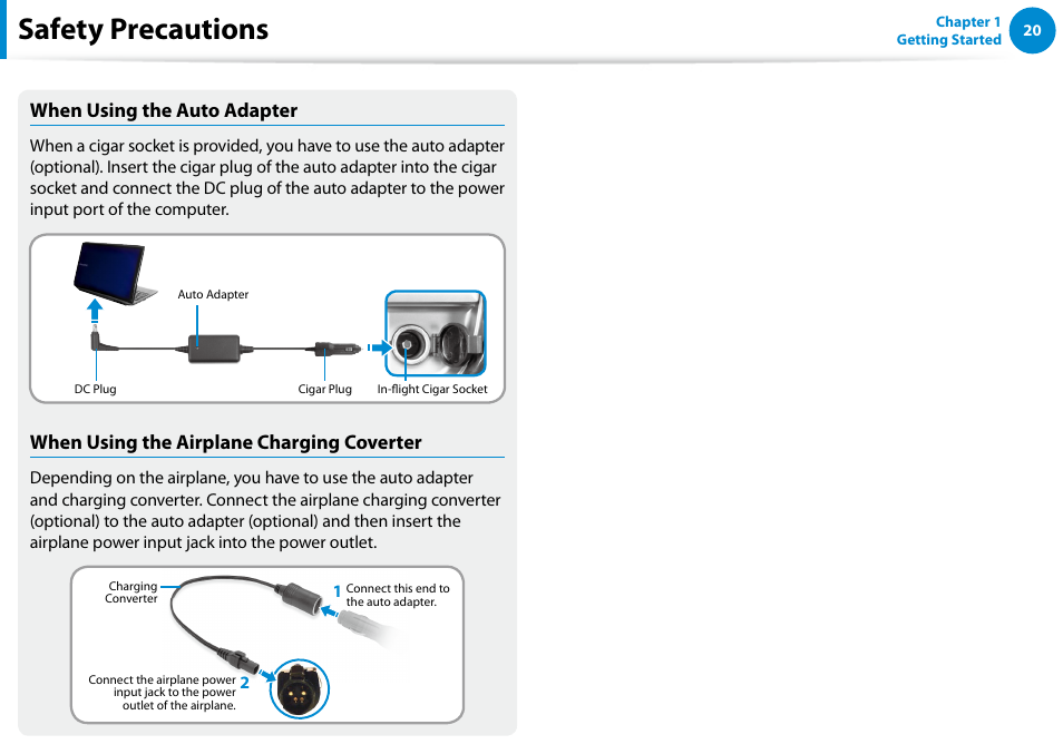 Safety precautions, When using the auto adapter, When using the airplane charging coverter | Samsung NP540U4E-K01US User Manual | Page 21 / 147