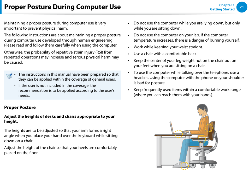 Proper posture during computer use | Samsung NP540U4E-K01US User Manual | Page 22 / 147