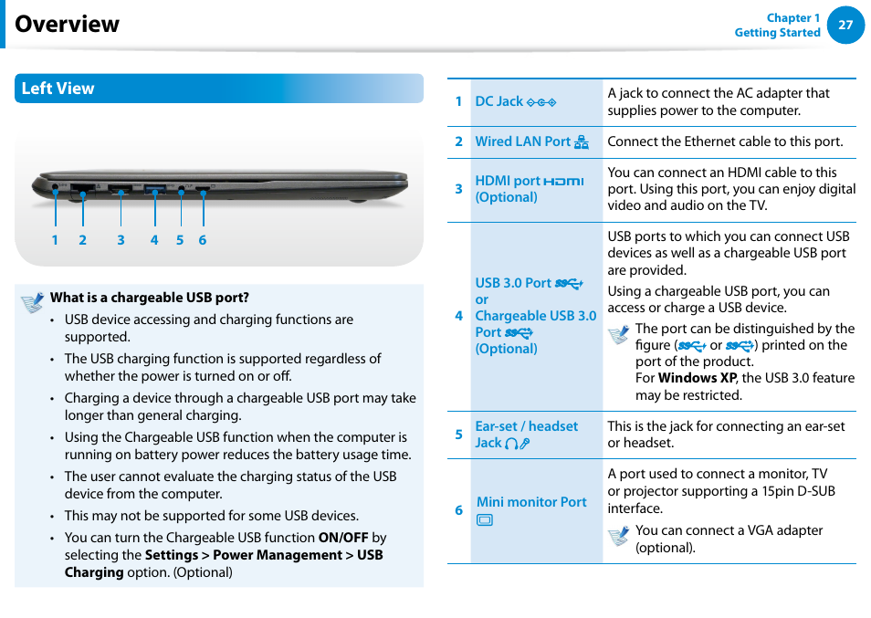 Overview, Left view | Samsung NP540U4E-K01US User Manual | Page 28 / 147