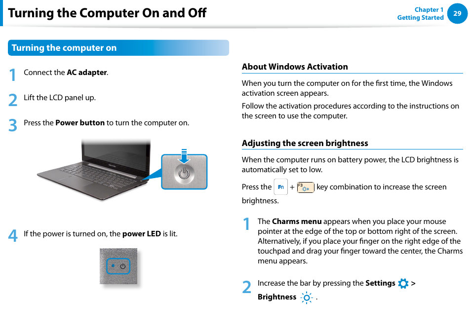 Turning the computer on and off | Samsung NP540U4E-K01US User Manual | Page 30 / 147