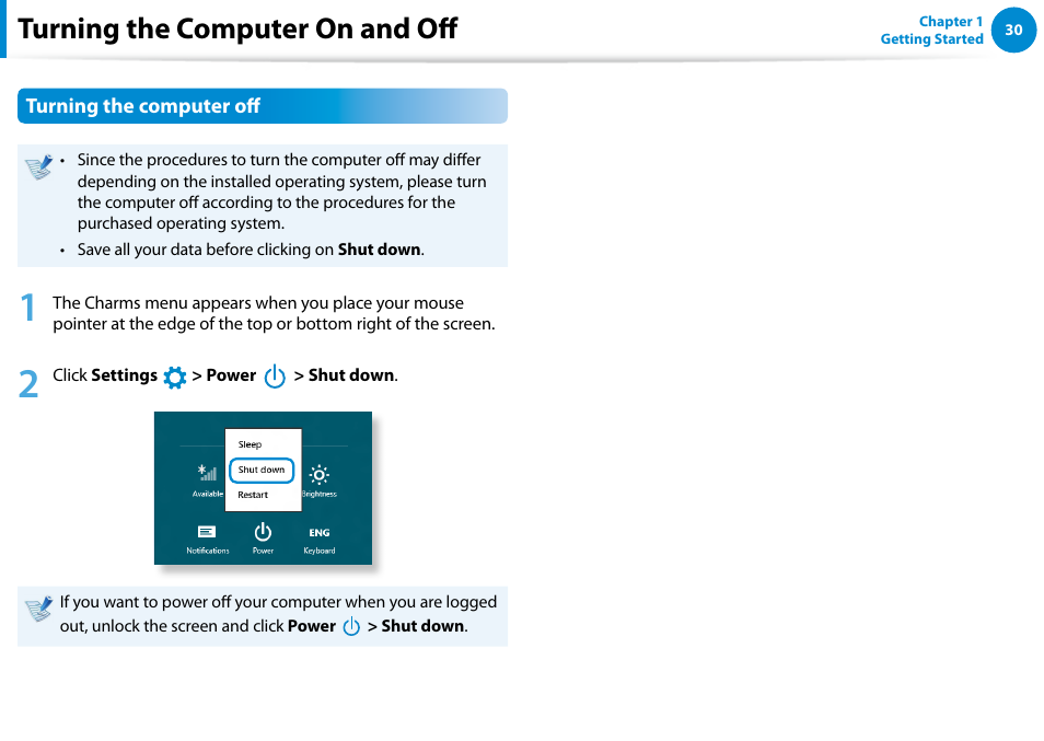 Turning the computer on and off, Turning the computer off | Samsung NP540U4E-K01US User Manual | Page 31 / 147