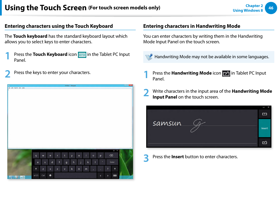 Using the touch screen | Samsung NP540U4E-K01US User Manual | Page 47 / 147