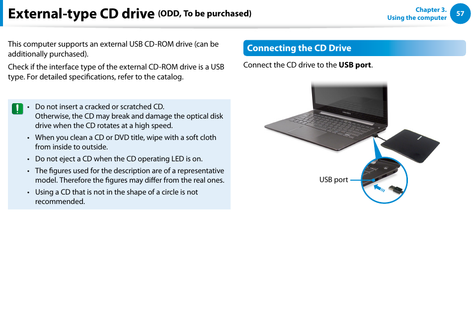 External-type cd drive (odd, to be purchased), External-type cd drive | Samsung NP540U4E-K01US User Manual | Page 58 / 147