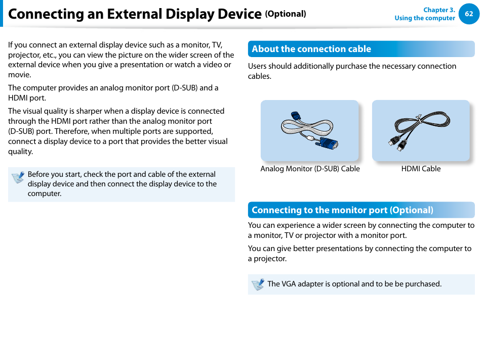 Connecting an external display device (optional), Connecting an external display device | Samsung NP540U4E-K01US User Manual | Page 63 / 147