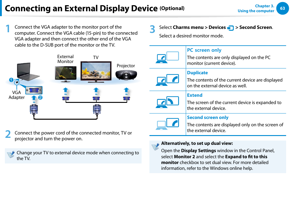 Connecting an external display device | Samsung NP540U4E-K01US User Manual | Page 64 / 147