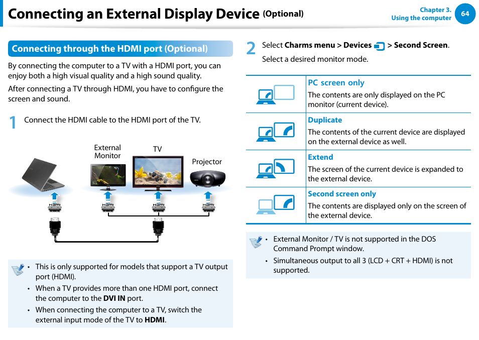 Connecting an external display device, Connecting through the hdmi port (optional) | Samsung NP540U4E-K01US User Manual | Page 65 / 147