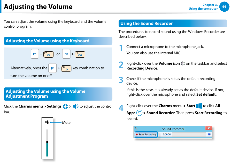 Adjusting the volume | Samsung NP540U4E-K01US User Manual | Page 67 / 147