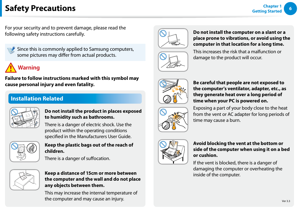 Safety precautions, Installation related, Warning | Samsung NP540U4E-K01US User Manual | Page 7 / 147