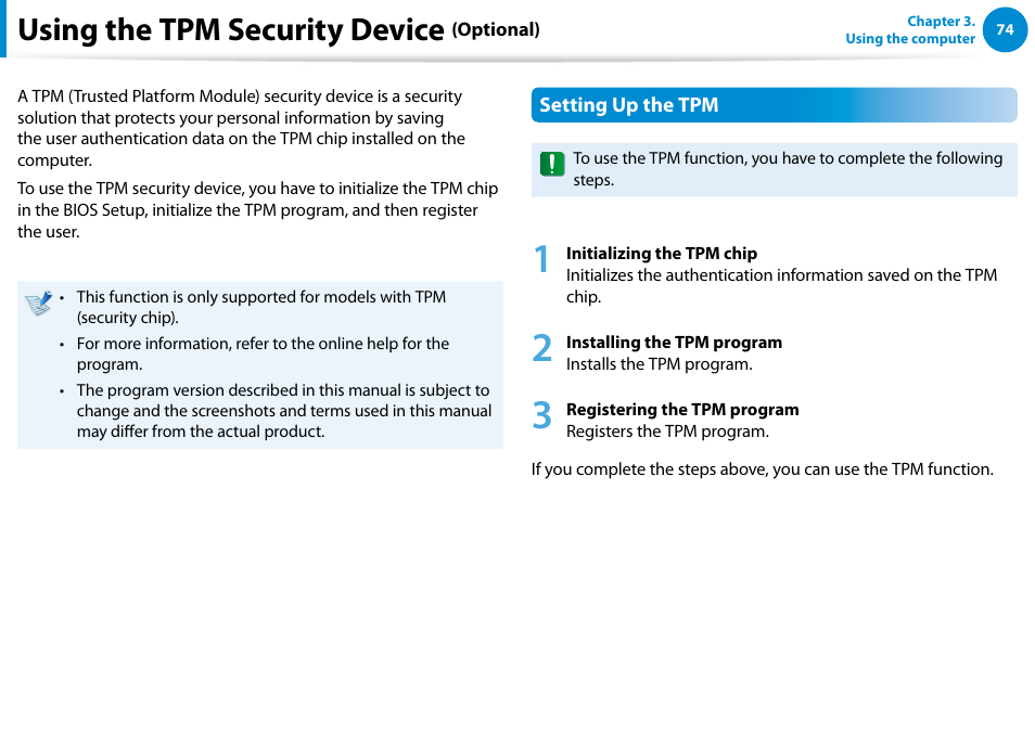 Using the tpm security device (optional), Using the tpm security device | Samsung NP540U4E-K01US User Manual | Page 75 / 147