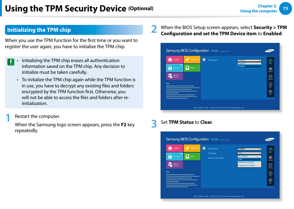 Using the tpm security device, Initializing the tpm chip, Optional) | Samsung NP540U4E-K01US User Manual | Page 76 / 147