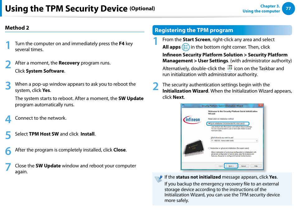 Using the tpm security device | Samsung NP540U4E-K01US User Manual | Page 78 / 147