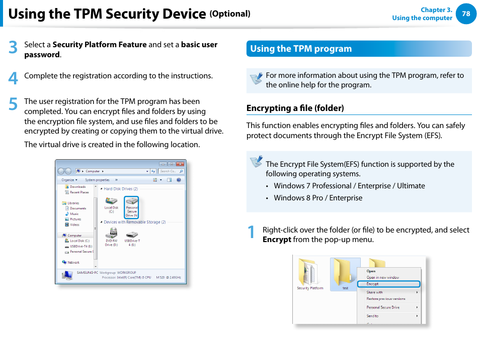 Using the tpm security device | Samsung NP540U4E-K01US User Manual | Page 79 / 147