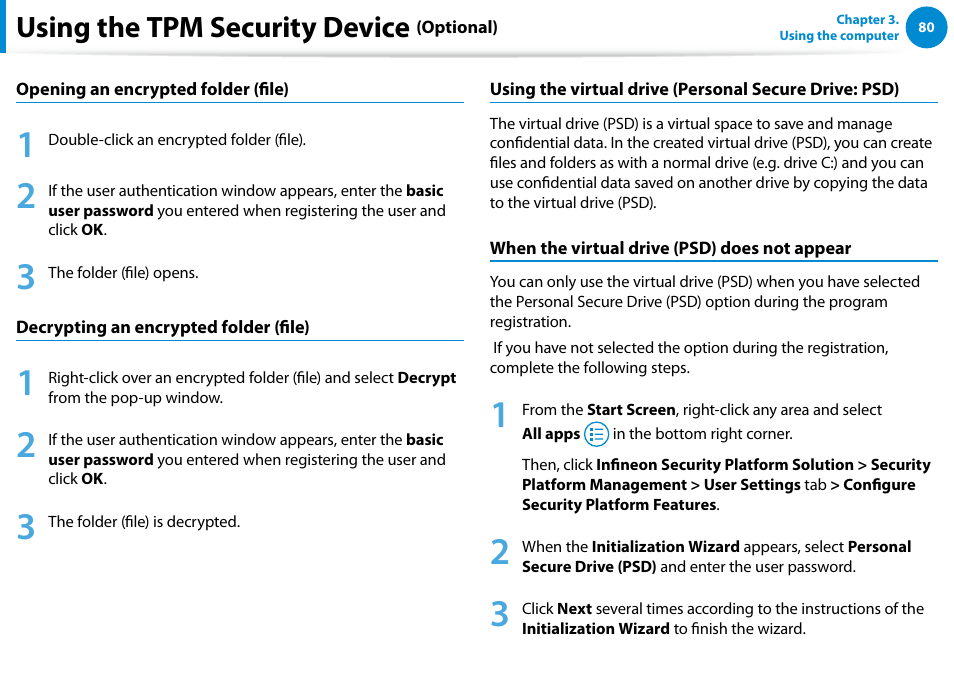 Using the tpm security device | Samsung NP540U4E-K01US User Manual | Page 81 / 147