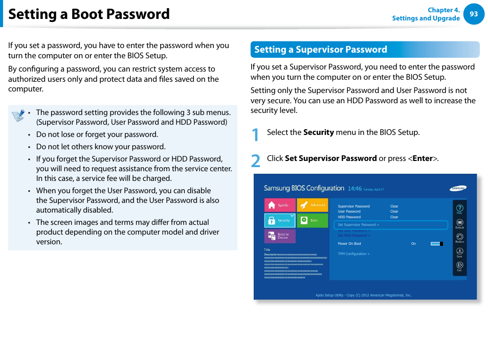 Setting a boot password, Setting a supervisor password | Samsung NP540U4E-K01US User Manual | Page 94 / 147