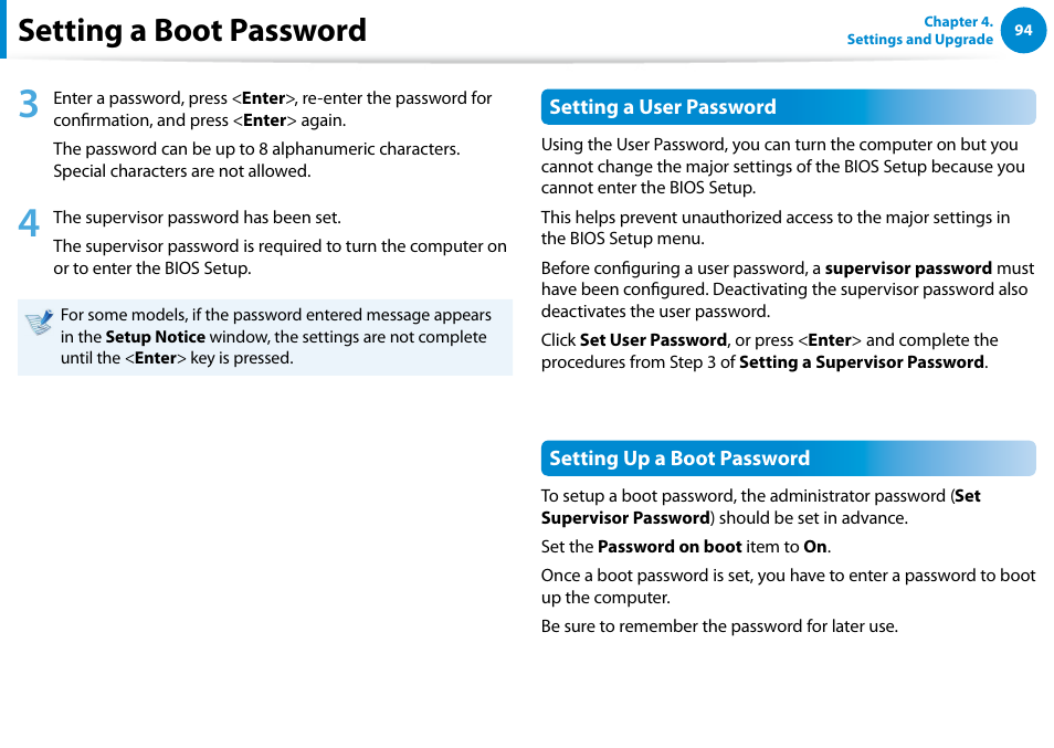 Setting a boot password | Samsung NP540U4E-K01US User Manual | Page 95 / 147