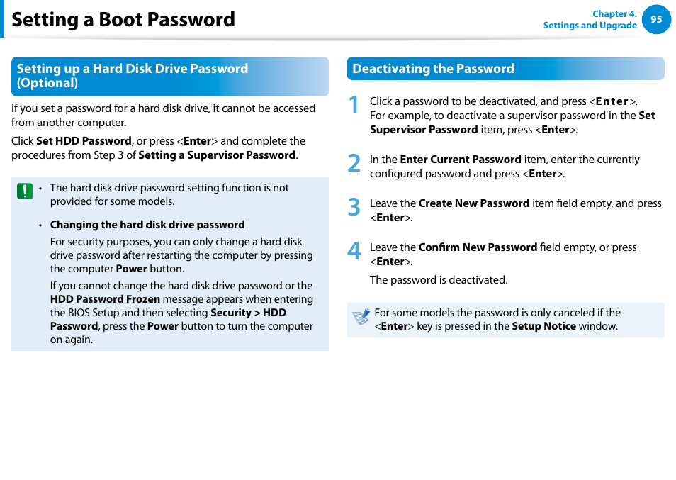 Setting a boot password | Samsung NP540U4E-K01US User Manual | Page 96 / 147