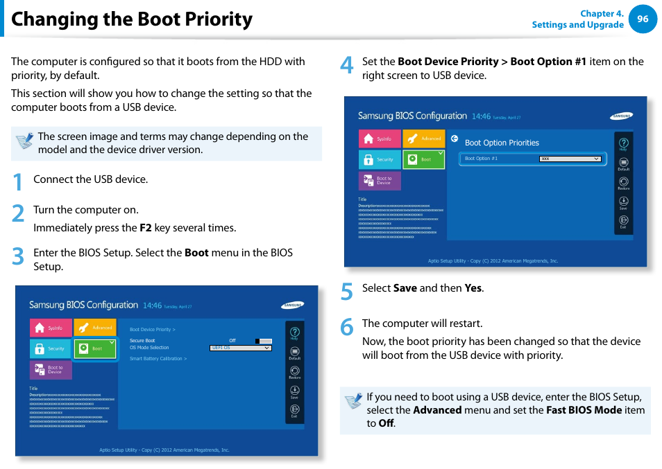 Changing the boot priority | Samsung NP540U4E-K01US User Manual | Page 97 / 147