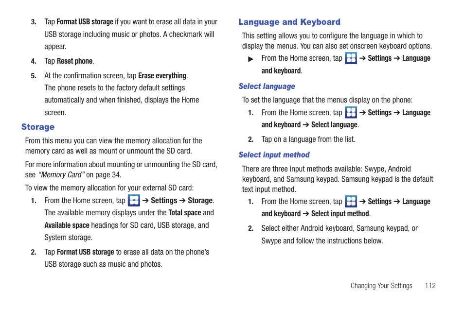 Storage, Language and keyboard, Storage language and keyboard | Samsung SGH-I927ZKAATT User Manual | Page 117 / 197