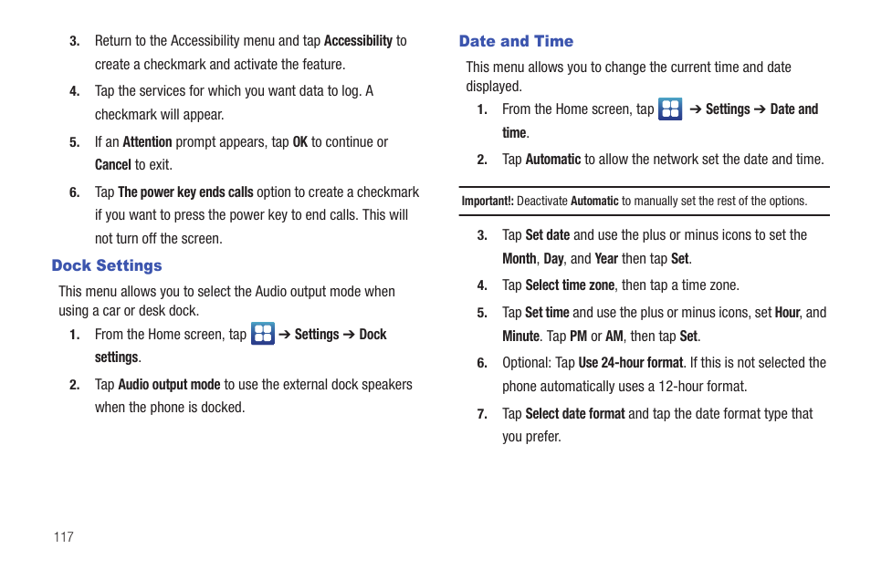 Dock settings, Date and time, Dock settings date and time | Samsung SGH-I927ZKAATT User Manual | Page 122 / 197