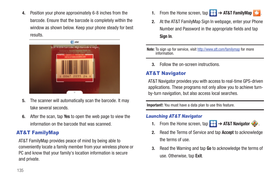 At&t familymap, At&t navigator, At&t familymap at&t navigator | Samsung SGH-I927ZKAATT User Manual | Page 140 / 197