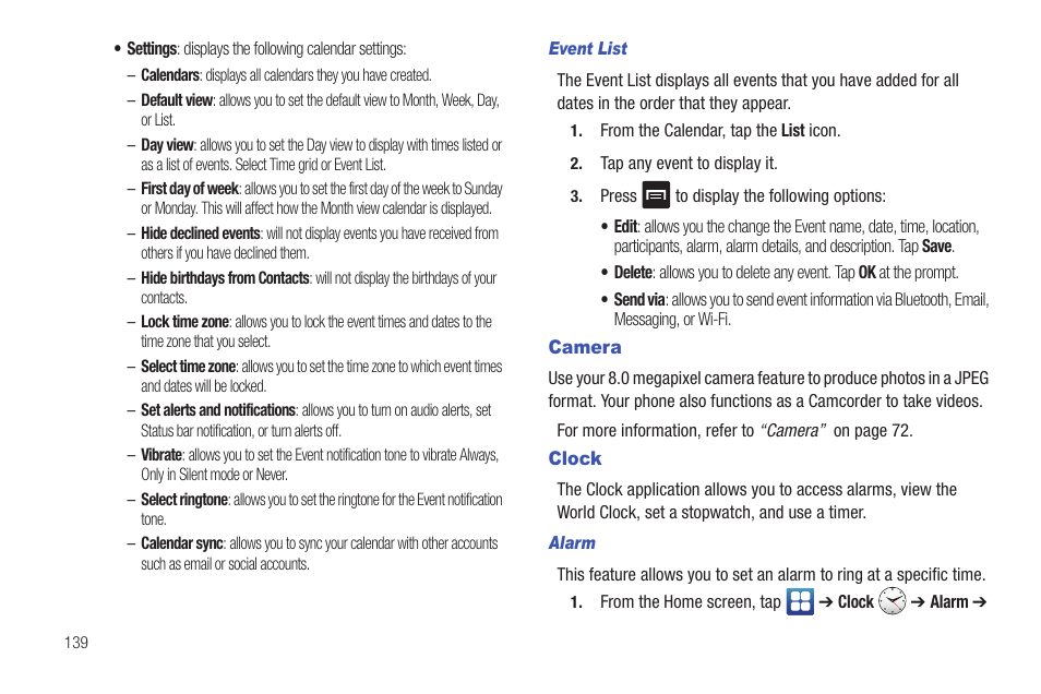 Camera, Clock, Camera clock | Samsung SGH-I927ZKAATT User Manual | Page 144 / 197